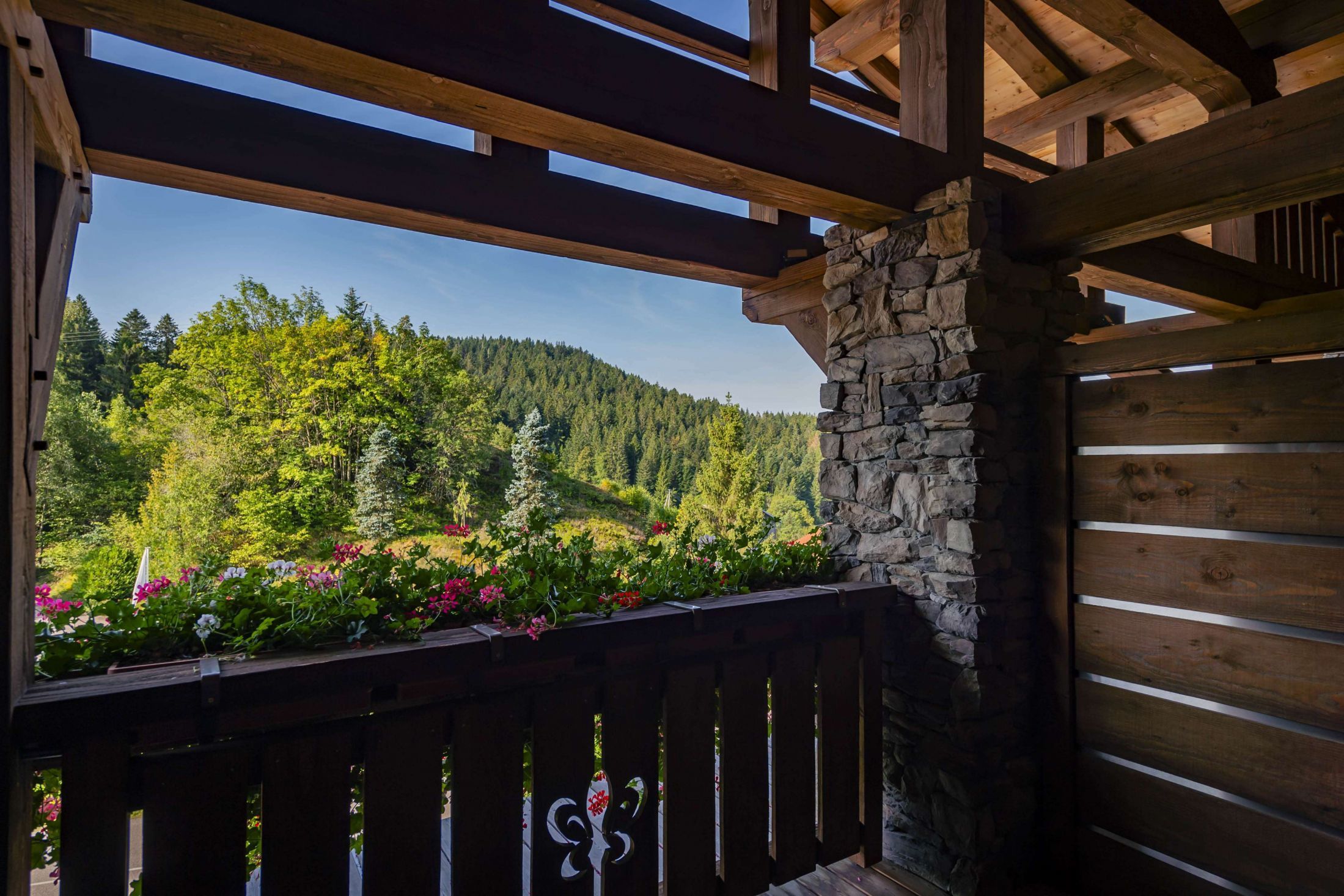 Chambre Plume de l’hôtel Les Bas Rupts, ambiance montagne chaleureuse avec terrasse privative vue forêt