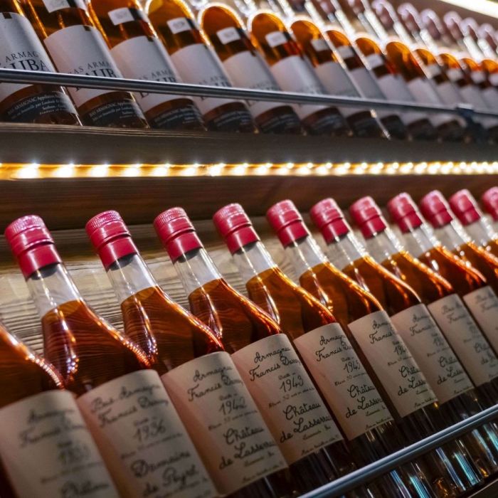 Armagnac bottle collection at Les Bas Rupts hotel bar in Gérardmer.